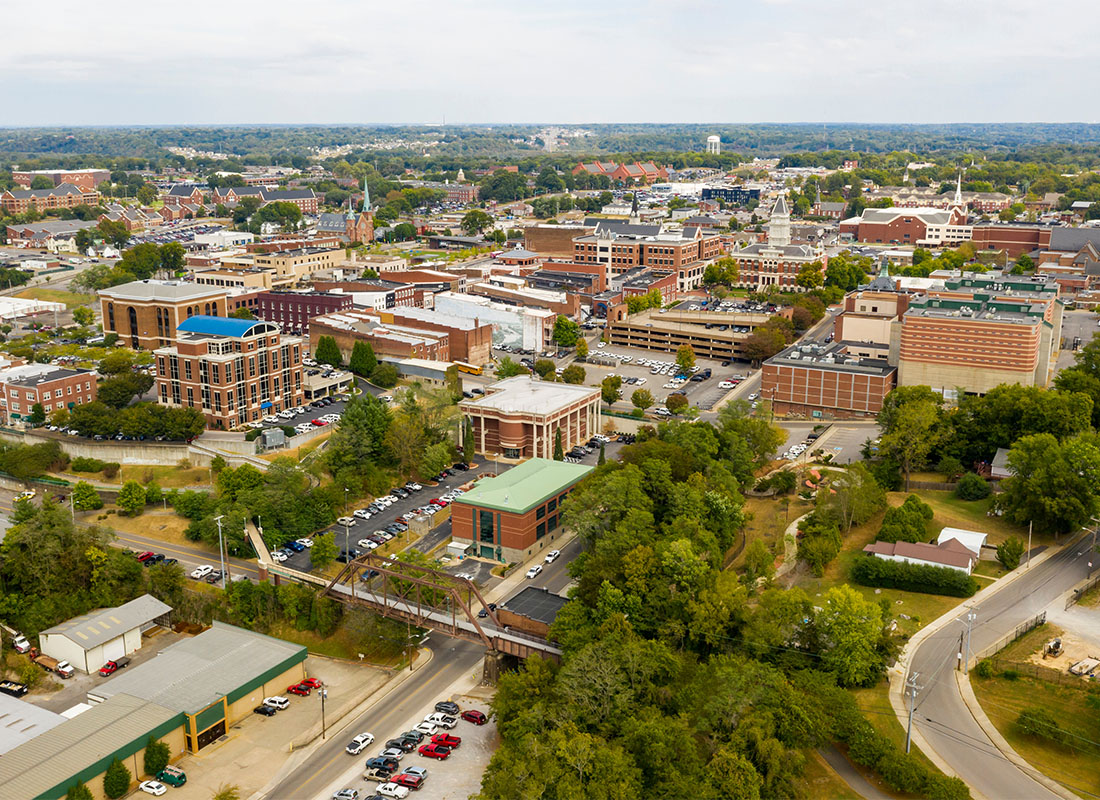 Spring Hill, TN - Aerial View Over the Buildings and Infrastructure in Clarksville Tennessee